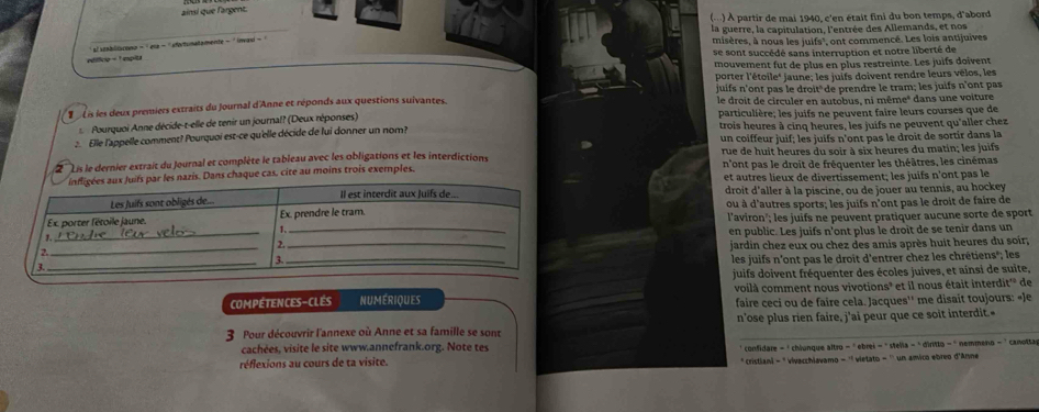 ainsi que l'argent.
(.) À partir de mai 1940, c'en était fini du bon temps, d'abord
la guerre, la capitulation, l'entrée des Allemands, et nos
éffce - I epit * al itblitconu - '' ela - ''sfortunatamente - '' (nvau - '
misères, à nous les juifs', ont commencé. Les lois antijuives
se sont succédé sans interruption et notre liberté de
mouvement fut de plus en plus restreinte. Les juifs doivent
porter l'étoile' jaune; les juifs doivent rendre leurs vélos, les
juifs n'ont pas le droit"de prendre le tram; les juifs n'ont pas
L  t es les deux premiers extraits du Journal d'Anne et réponds aux questions suivantes. le droit de circuler en autobus, ni même* dans une voiture
Pourquoi Anne décide-t-elle de tenir un journal? (Deux réponses) particulière; les juifs ne peuvent faire leurs courses que de
2. Elle l'appelle comment? Pourquoi est-ce qu'elle décide de lui donner un nom? trois heures à cinq heures, les juifs ne peuvent qu'aller chez
un coiffeur juif; les juifs n'ont pas le droit de sortir dans la
2 Lis le dernier extrait du Journal et complète le tableau avec les obligations et les interdictions rue de huit heures du soir à six heures du matin; les juifs
nazis. Dans chaque cas, cite au moins trois exemples, n'ont pas le droit de fréquenter les théâtres, les cinémas
et autres lieux de divertissement; les juifs n'ont pas le
droit d'aller à la piscine, ou de jouer au tennis, au hockey
ou à d'autres sports; les juifs n'ont pas le droit de faire de
l’aviron'; les juifs ne peuvent pratiquer aucune sorte de sport
en public. Les juifs n'ont plus le droit de se tenir dans un
jardin chez eux ou chez des amis après huit heures du soir,
les juifs n'ont pas le droit d'entrer chez les chrétiens*; les
juifs doivent fréquenter des écoles juives, et ainsi de suite,
COMPETENCES-CLES NUMÉRIQUES voilà comment nous vivotions³ et il nous était interdit'' de
faire ceci ou de faire cela. Jacques'' me disait toujours: «Je
3 Pour découvrir l'annexe où Anne et sa famille se sont n'ose plus rien faire, j'ai peur que ce soit interdit.-
cachées, visite le site www.annefrank.org. Note tes
réflexions au cours de ta visite.  '  confidare = ' chiunque altro - 'ebrei = ' stelia - ' diritto - ' nemmeno - ' canottar
* cristiani - ' viyacchiavamo - '' vietato - '' un amico ebreo d'Anne