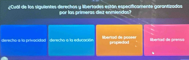 ¿Cuál de los siguientes derechos y libertades están específicamente garantizados
por las primeras diez enmiendas?
derecho a la privacidad derecho a la educación libertad de poseer libertad de prensa
propiedad