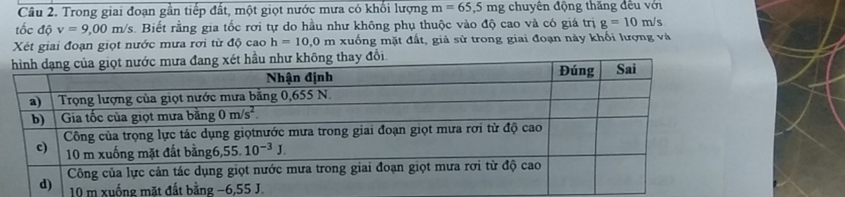 Trong giai đoạn gần tiếp đất, một giọt nước mưa có khối lượng m=65,5mg chuyên động thăng đều với
tốc độ v=9,00m/s 3. Biết rằng gia tốc rơi tự do hầu như không phụ thuộc vào độ cao và có giá trị g=10m/s
Xét giai đoạn giọt nước mưa rơi từ độ cao h=10,0m xuống mặt đất, giả sử trong giai đoạn này khối lượng và
đổi
10 m xu