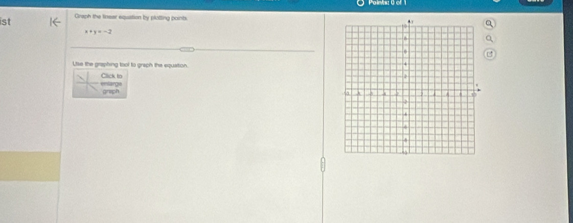 ist 
Graph the linear equation by plotting points
x+y=-2
Utse the graphing tool to graph the equation. 
Click to 
enlarge 
graph