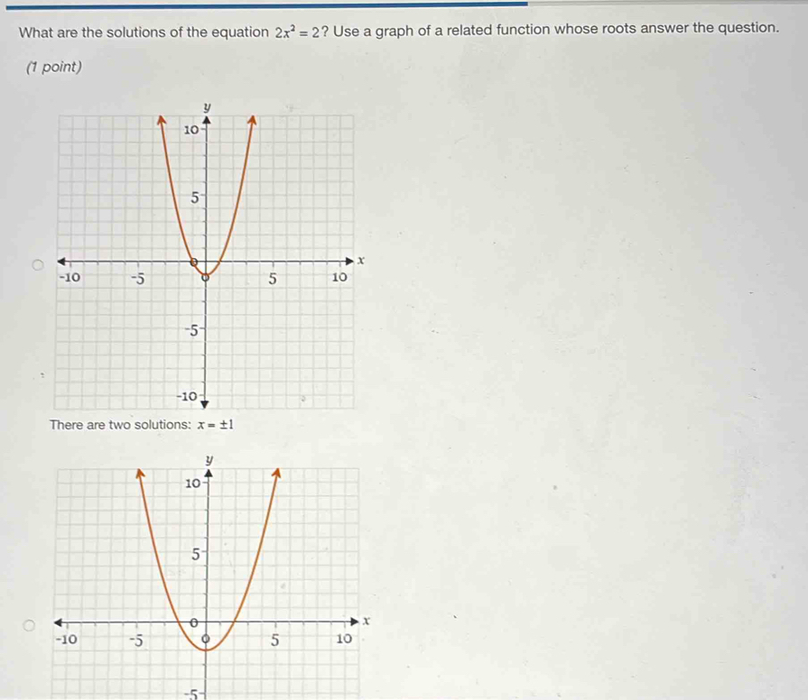 What are the solutions of the equation 2x^2=2 ? Use a graph of a related function whose roots answer the question. 
(1 point) 
There are two solutions: x=± 1
-5