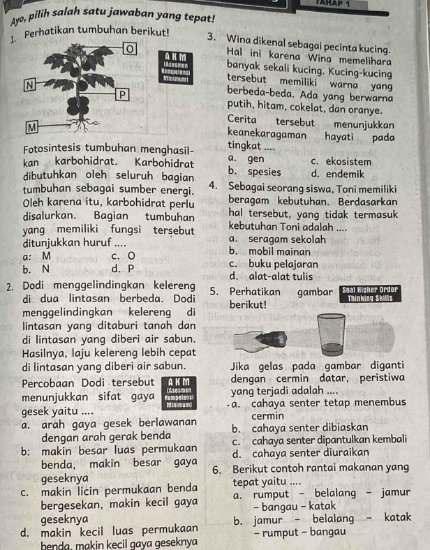 TAHAP 1
Ayo, pilih salah satu jawaban yang tepat!
1. Perhatikan tumbuhan berikut!
3. Wina dikenal sebagai pecinta kucing.
Hal ini karena Wina memelihara
(Asesmen
AKM banyak sekali kucing. Kucing-kucing
Minimum empetens
tersebut memiliki warna yang
N
P
berbeda-beda. Ada yang berwarna
putih, hitam, cokelat, dan oranye.
Cerita tersebut menunjukkan
M
keanekaragaman hayati
Fotosintesis tumbuhan menghasil- tingkat .... pada
a. gen c. ekosistem
kan karbohidrat. Karbohidrat b. spesies d. endemik
dibutuhkan oleh seluruh bagian
tumbuhan sebagai sumber energi. 4. Sebagai seorang siswa, Toni memiliki
Oleh karena itu, karbohidrat perlu beragam kebutuhan. Berdasarkan
disalurkan. Bagian tumbuhan hal tersebut, yang tidak termasuk
yang memiliki fungsi tersebut kebutuhan Toni adalah ....
a. seragam sekolah
ditunjukkan huruf .... b. mobil mainan
a: M c. O
b. N d. P c. buku pelajaran
d. alat-alat tulis
2. Dodi menggelindingkan kelereng 5. Perhatikan gambar Soal Higher Order
di dua lintasan berbeda. Dodi berikut! Thinking Skills
menggelindingkan kelereng di
lintasan yang ditaburi tanah dan
di lintasan yang diberi air sabun.
Hasilnya, laju kelereng lebih cepat
di lintasan yang diberi air sabun. Jika gelas pada gambar diganti
Percobaan Dodi tersebut AKM dengan cermin datar, peristiwa
menunjukkan sifat gaya Kompetens (Asesmen yang terjadi adalah ....
mnimum)
gesek yaitu .... a. cahaya senter tetap menembus
cermin
a. arah gaya gesek berlawanan b. cahaya senter dibiaskan
dengan arah gerak benda c. cahaya senter dipantulkan kembali
b: makin besar luas permukaan d. cahaya senter diuraikan
benda, makin besar gaya 6. Berikut contoh rantai makanan yang
geseknya
c. makin licin permukaan benda tepat yaitu ....
bergesekan, makin kecil gaya a. rumput - belalang - jamur
geseknya - bangau - katak
d. makin kecil luas permukaan b. jamur - belalang - katak
benda, makin kecil gaya geseknya - rumput - bangau