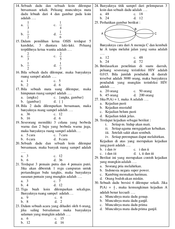 Sebuah dadu dan sebuah koin dilempar 24. Banyaknya titik sampel dari pelemparan 3
bersamaan sekali. Peluang munculnya mata koin dan sebuah dadu adalah ….
dadu lebuah dari 4 dan gambar pada koin a. 48 c. 18
adalah … b. 24 d. 12
a.  1/3  c.  1/4 
25. Perhatikan gambar berikut :
b.  1/2  d.  1/6 
15. Dalam pemilihan ketua OSIS terdapat 5
kandidat, 3 diantara laki-laki. Peluang Banyaknya cara dari A menuju C dan kembali
terpilihnya ketua wanita adalah …. ke A tanpa melalui jalan yang sama adalah
a.  2/3  c.  2/5  c. 48
a. 12
b. 24 d. 72
b.  1/2  d.  1/3  26. Berdasarkan penelitian di suatu daerah,
peluang seseorang terinfeksi HIV adalah
16. Bila sebuah dadu dilempar, maka banyaknya 0,015. Bila jumlah penduduk di daerah
ruang sampel adalah ... tersebut adalah 3000 orang, maka banyaknya
a. 1 c. 5
penduduk yang mungkin terinfeksi HIV
b. 2 d. 6 adalah …
17. Bila sebuah mata uang dilempar, maka a. 20 orang c. 50 orang
himpunan ruang sampel adalah … b. 45 orang d. 200 orang
a. angka c. angka, gambar 27. Jika P(A)=1 , maka A adalah …
b. gambar d.   a. Kejadian pasti
18. Bila 2 dadu dilemparkan bersamaan, maka b. Kejadian mustahil
banyaknya ruang sampel adalah .. c. Kejadian belum pasti
a. 36 c. 12 d. Kejadian tidak jelas.
b. 16 d. 6
19. Seseorang memiliki 3 celana yang berbeda 28. Terdapat kejadian sebagai berikut :
i. Setiap m. hidup akan mati.
warna dan 2 baju yang berbeda warna juga, ii. Setiap agama mengajarkan kebaikan.
maka banyaknya ruang sampel adalah….. iii. Setelah sakit akan sembuh.
a. 5 cara c. 7 cara iv. Setiap perempuan dapat melahirkan.
b. 6 cara d. 8 cara Kejadian di atas yang merupakan kejadian
20. Sebuah dadu dan sebuah koin dilempar yang pasti adalah …_
_
bersamaan, maka banyak ruang sampel adalah b. i dan iv c. i dan ii
a. 3 c. 12 cá i dan i d. i, ii dan iii
b. 6 d. 36 29. Berikut ini yang merupakan contoh kejadian
yang mungkin adalah …
21. Terdapat 3 pemain putra dan 4 pemain putri. a. Seorang pria melahirkan.
Jika akan dibentuk 1 regu campuran untuk b. Indonesia negara super power.
pertandingan bulu tangkis, maka banyaknya c. Kambing memakan harimau.
susunan pemain yang mungkin adalah … d. Orang bodoh akan miskin.
a. 3 c. 7 30. Sebuah dadu bersisi 6 dilempar sekali. Jika
b. 4 d. 12
22. Tiga buah koin dilemparkan sekaligus. P(A)= 1/2  , maka kemungkinan kejadian A
Banyaknya ruang sampel adalah… adalah benar kecuali …
a. 9 c. 6 a. Munculnya mata dadu genap.
b. 8 d. 2 b. Munculnya mata dadu ganjil.
23. Dalam sebuah acara yang dihadiri oleh 6 orang, c. Munculnya mata dadu prima
jika saling bersalaman maka banyaknya d. Munculnya mata dadu prima ganjil.
salaman yang mungkin adalah ….
a. 6 c. 15
b. 12 d. 16