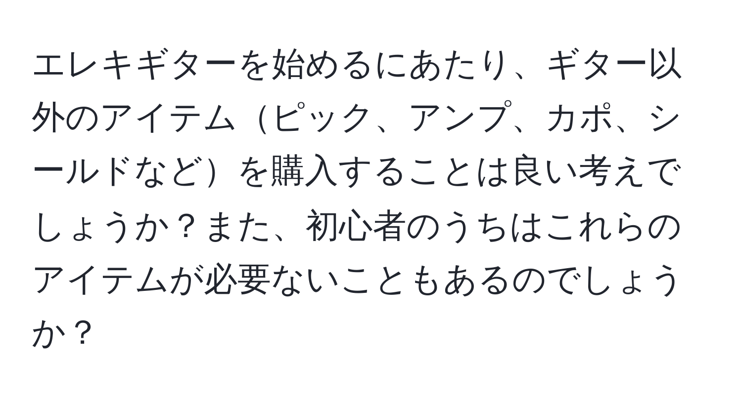 エレキギターを始めるにあたり、ギター以外のアイテムピック、アンプ、カポ、シールドなどを購入することは良い考えでしょうか？また、初心者のうちはこれらのアイテムが必要ないこともあるのでしょうか？