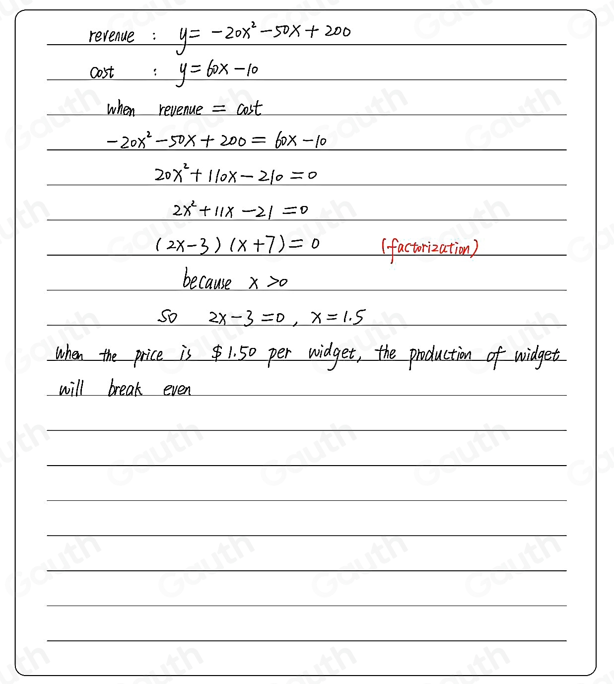 Solved: The revenue for a company producing widgets is given by y= -20x ...