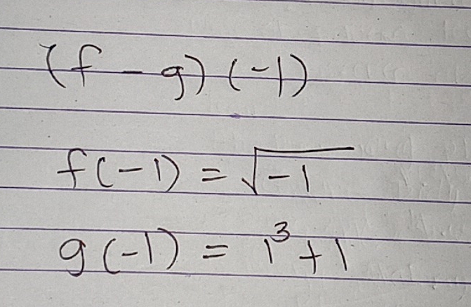 (f-g)(-1)
f(-1)=sqrt(-1)
g(-1)=1^3+1