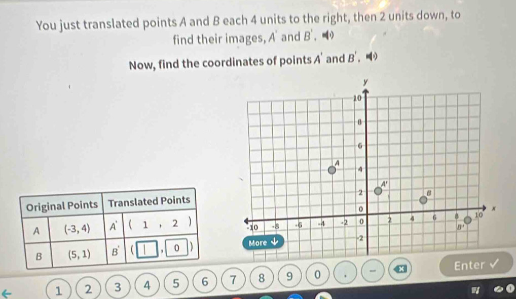 You just translated points A and B each 4 units to the right, then 2 units down, to
find their images, A' and B'.
Now, find the coordinates of points A' and B'. N(i)
Original Points Translated Points
A (-3,4) A' (1,2 )
B (5,1) B'  . 0 )
Enter   
1 2 3 4 5 6 7 8 9 0 .