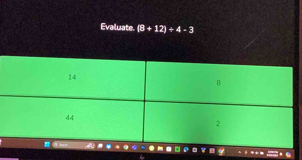 Evaluate. (8+12)/ 4-3