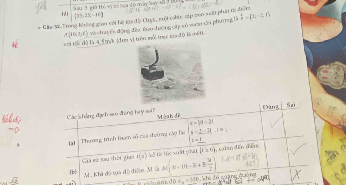 Sau 5 giờ thì vị trí tọa dộ máy bay số 2 (fổng 
(d) (35;25;-10) u=(2;-2;1)
# Câu 32.Trong không gian với hệ tọa độ Oxyz , một cabin cáp treo xuất phát từ điểm
A(10;3;0) và chuyển động đều theo đường cáp có vectơ chi phương là 
với tốc độ là 4, 5 m/s (đơn vị trên mỗi trục tọa độ là mét). 
Các khẳng định sau đúng hay sai? Đúng Sai 
Mệnh đề 
(a) Phương trình tham số của đường cáp là: beginarrayl x=10+2121 y=3-3-2tendarray. 
Giả sử sau thời gian t(s) kể từ lúc xuất phát (t≥ 0) , cabin đến điểm 
(b) 
M. Khi đó tọa độ điểm M là M(3t+10;-3t+3; 3t/2 )
B có hoành độ x_n=550 khi đó quảng đường