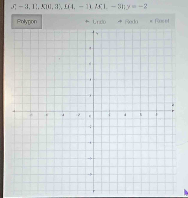 J(-3,1), K(0,3), L(4,-1), M(1,-3); y=-2
Polygon Undo Redo x Reset