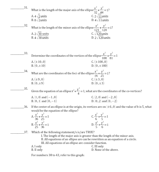  x^2/32 + y^2/44 =1 2
What is the length of the major axis of the ellipse
A. 4sqrt(2)units C. 2sqrt(11) units
B. 8sqrt(2)units 4sqrt(11) units
D.
__32.
What is the length of the minor axis of the ellipse  x^2/121 + y^2/120 =1
A. 2sqrt(30) units C. sqrt(120) units
B. 4sqrt(30units) D. 2sqrt(120) units
_33. Determine the coordinates of the vertices of the ellipse  x^2/100 + y^2/81 =1
A. (± 10,0) C. (± 100,0)
B. (0,± 10) D. (0,± 100)
__34. What are the coordinates of the foci of the ellipse  x^2/16 + y^2/25 =1
A. (± 9,0) (± 3,0)
C.
B. (0,± 9) D. (0,± 3)
_35.
Given the equation of an ellipse x^2+ y^2/4 =1 , what are the coordinates of the co-vertices?
A. (1,0) and (-1,0) C. (2,0) and (-2,0)
B. (0,1) and (0,-1) D. 0,2| and (0,-2)
_36. If the center of an ellipse is at the origin, its vertices are on (± 6,0) and the value of b is 5, what
would be the equation of the ellipse?
A  x^2/36 + y^2/25 =1
C.  x^2/6 + y^2/5 =1
B.  x^2/25 + y^2/36 =1  x^2/5 + y^2/6 =1
D.
_37. Which of the following statement/s is/are TRUE?
I. The length of the major axis is greater than the length of the minor axis.
II. All equations of an ellipse are can be rewritten as an equation of a circle.
III. All equations of an ellipse are consider function.
A. I only C. III only
B. II only D. None of the above.
For numbers 38 to 43, refer to this graph: