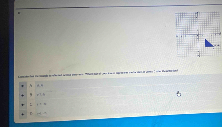 Consider that the triangle is reflected across the y-axis. Which pair of coordinates represents the location of vertex C after the reflection?
A (7,6)
B (-7,0)
C (-7,-6)
D (-6,-7)