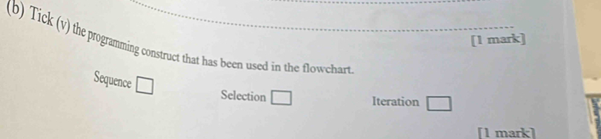 Tick (v) the programming construct that has been used in the flowchart 
Sequence □ 
Selection Iteration 
[1 mark]