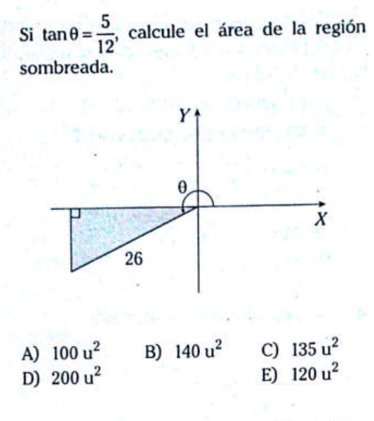 Si tan θ = 5/12  , calcule el área de la región
sombreada.
A) 100u^2 B) 140u^2 C) 135u^2
D) 200u^2 E) 120u^2