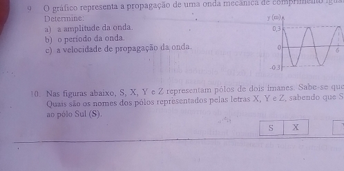 gráfico representa a propagação de uma onda mecânica de comprimento ígua
Determine: 
a) a amplitude da onda. 
b) o periodo da onda.
c) a velocidade de propagação da onda. 
10. Nas figuras abaixo, S, X, Y e Z representam pólos de dois ímanes. Sabe-se que
Quais são os nomes dos pólos representados pelas letras X, Y e Z, sabendo que S
ao pólo Sul (S).
S X