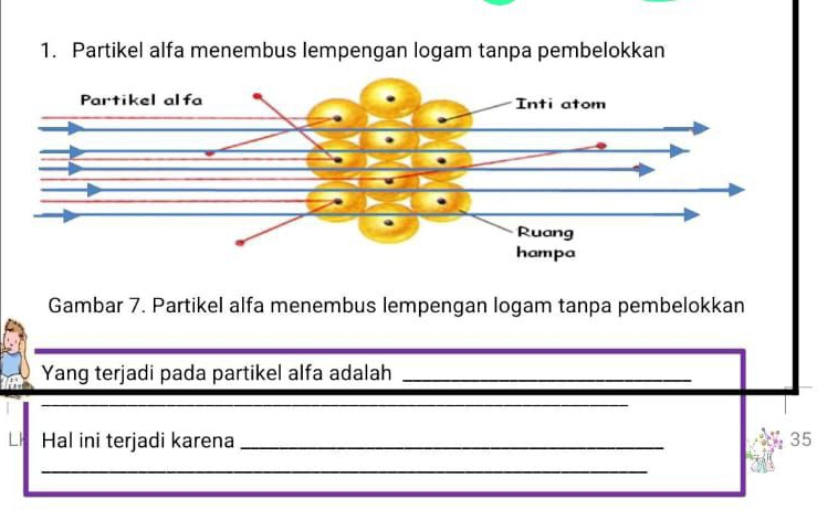 Partikel alfa menembus lempengan logam tanpa pembelokkan 
Gambar 7. Partikel alfa menembus lempengan logam tanpa pembelokkan 
Yang terjadi pada partikel alfa adalah_ 
LH Hal ini terjadi karena _ 35
_