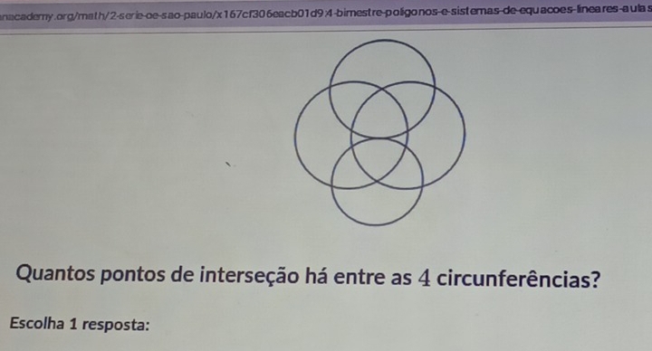 Quantos pontos de interseção há entre as 4 circunferências? 
Escolha 1 resposta: