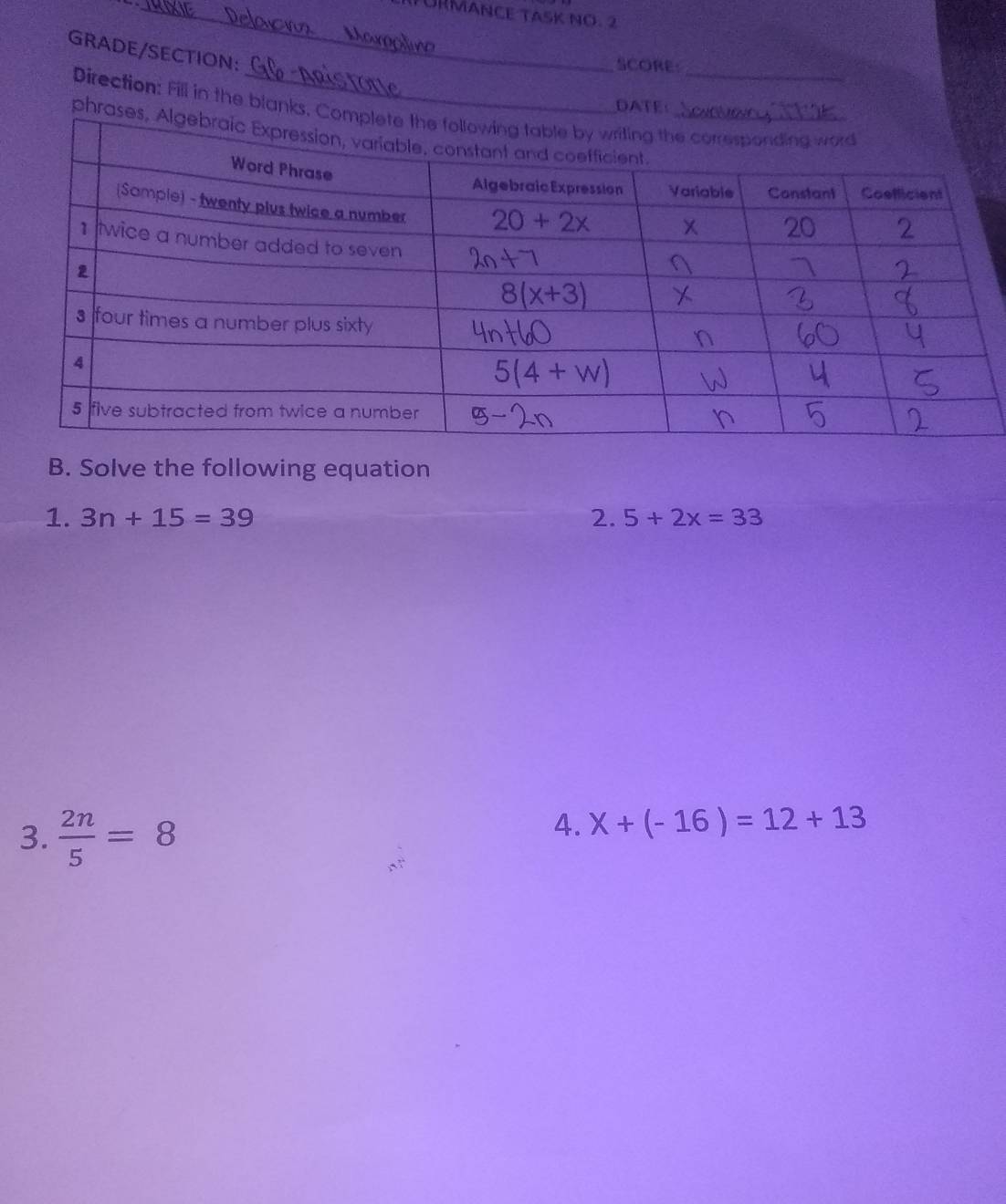 TURMANCE TASK NO. 2
GRADE/SECTION:
SCORE
DATE
Direction: Fill in the blanks. 
phras
B. Solve the following equation
1. 3n+15=39 2. 5+2x=33
3.  2n/5 =8
4. X+(-16)=12+13