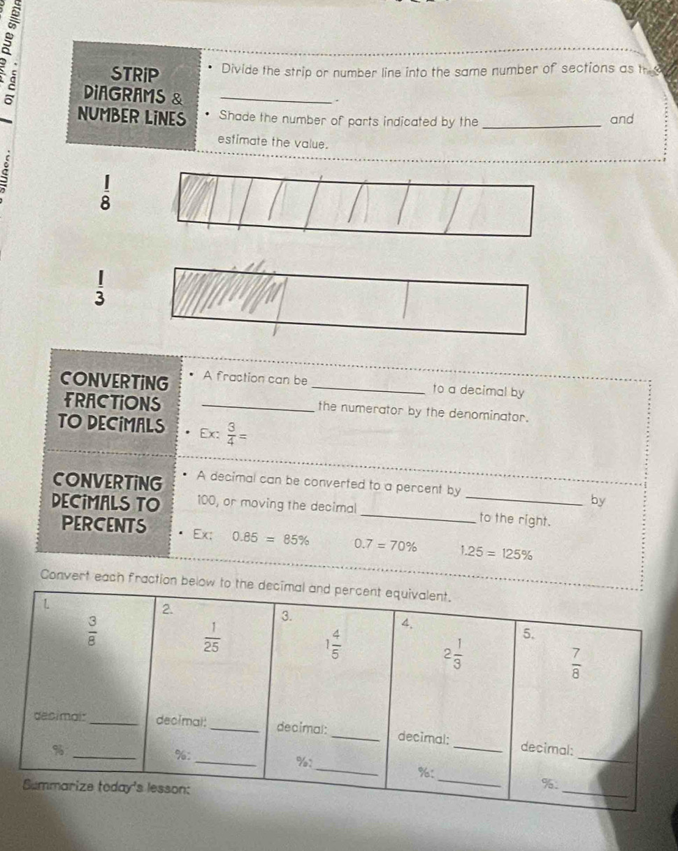 STRiP Divide the strip or number line into the same number of sections as the
DIAGRAMS &_
.
NUMBER LINES Shade the number of parts indicated by the _and
estimate the value.
Q
 1/8 
 1/3 
CONVERTING A fraction can be_
to a decimal by
FRACTIONS_
the numerator by the denominator.
TO DECIMALS Ex:  3/4 =
_
CONVERTING A decimal can be converted to a percent by
_
DECIMALS TO 100, or moving the decimal
by
to the right.
PERCENTS Ex; 0.85=85% 0.7=70% 1.25=125%
Convert each fr