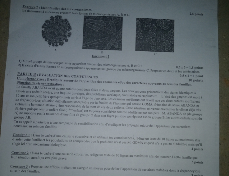 Identification des microorganismes. 2,5 points
Le document 2 ci-dessous présente trois formes de microorganismes A, B et C.
A
B
C
Document 2
1) A quel groupe de microorganismes appartient chacun des microorganismes A, B et C ? 0.5* 3=1.5
2) Il existe d'autres formes de microorganismes appartenant au groupe des microorganismes C. Proposer en deux points
iser.
PARTIE B : EVALUATION DES COMPETENCES 10 points point
0.5* 2=1
Compétence visée : Eradiquer autour de l'apparition des anomalies et/ou des caractères nouveaux au sein des familles.
Situation de vie contextualisée :
La famille ABANDA avait quatre enfants dont deux filles et deux garçons. Les deux garçons présentaient des signes identiques à
savoir une anémie sévère, une fragilité physique, des problèmes cardiaque, circulatoire et respiratoire... L'ainé des garçons est mort à
10 ans et son petit frère quelques mois après à l'âge de deux ans. Les examens médicaux ont révélé que ces deux enfants souffraient
de drépanocytose, situation difficilement acceptable par la famille de l'homme qui accuse GOMA, frère ainé de Mme ABANDA et
richissime homme d'affaire d'être responsable de la mort de ces deux enfants. Cette situation est venue envenimer le climat déjà très
délétère puisque leur première fille (3^(tme) enfant) est toujours considérée comme adultérine par son père : M. ABANDA de (de groupe
A) ne supporte pas la naissance d'une fille de groupe O dans son foyer puisque son épouse est du groupe B, les autres enfants sont du
groupe AB.
Tu es appelé à participer à une campagne de sensibilisation afin d'éradiquer les préjugés autour de l'apparition des caractères
nouveaux au sein des familles.
Consigne 1 : Dans le cadre d'une causerie éducative et en utilisant tes connaissances, rédige un texte de 10 lignes au maximum afin
d'aider cette famille et les populations de comprendre que le problème n'est pas M. GOMA et qu'il n'y a pas eu d'adultère mais qu’il
s'agit ici d'un mécanisme biologique. 4 points
Consigne 2 : Dans le cadre d'une causerie éducative, rédige un texte de 10 lignes au maximum afin de montrer à cette famille que
leur situation aurait pu être plus grave. 3 points
Consigne 3 : Propose une affiche mettant en exergue un moyen pour éviter l'apparition de certaines maladies dont la drépanocytose
au sein des familles.