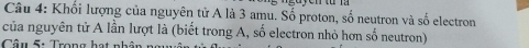 Khối lượng của nguyên tử A là 3 amu. Số proton, số neutron và số electron 
của nguyên tử A lần lượt là (biết trong A, số electron nhỏ hơn số neutron) 
Câu 5: Trong hạt nh