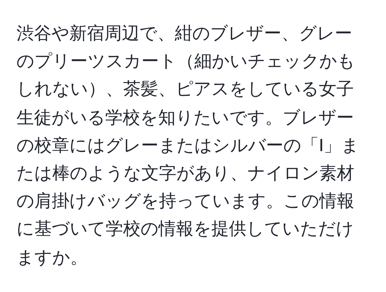 渋谷や新宿周辺で、紺のブレザー、グレーのプリーツスカート細かいチェックかもしれない、茶髪、ピアスをしている女子生徒がいる学校を知りたいです。ブレザーの校章にはグレーまたはシルバーの「I」または棒のような文字があり、ナイロン素材の肩掛けバッグを持っています。この情報に基づいて学校の情報を提供していただけますか。