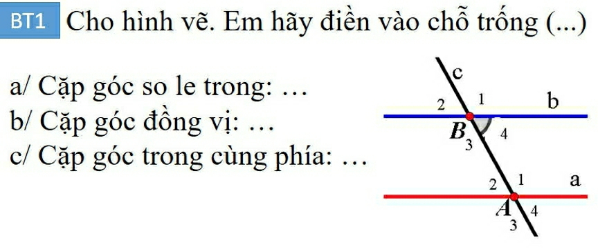 BT1 Cho hình vẽ. Em hãy điền vào chỗ trống (...)
a/ Cặp góc so le trong: .
b/ Cặp góc đồng vị: ...
c/ Cặp góc trong cùng phía: …