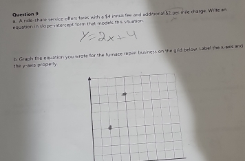 A ride-share service offers fares with a $4 initial fee and additional $2 per mile charge. Write an 
equation in slope-intercept form that models this situation. 
the y-axis properly. b. Graph the equation you wrote for the furnace repair business on the grid below. Label the x-axis and