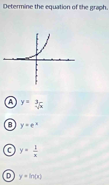 Determine the equation of the graph.
A y=sqrt[3](x)
B y=e^x
C y= 1/x 
D y=ln (x)