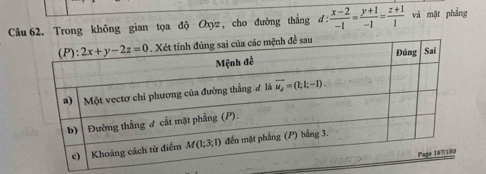 Trong không gian tọa độ Oxyz , cho đường thắng d :  (x-2)/-1 = (y+1)/-1 = (z+1)/1  và mặt phẳng