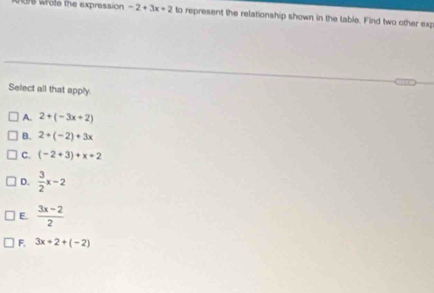 ae wrote the expression -2+3x+2 to represent the relationship shown in the table. Find two other exp
Select all that apply
A. 2+(-3x+2)
B、 2+(-2)+3x
C. (-2+3)+x+2
D.  3/2 x-2
E.  (3x-2)/2 
F, 3x+2+(-2)