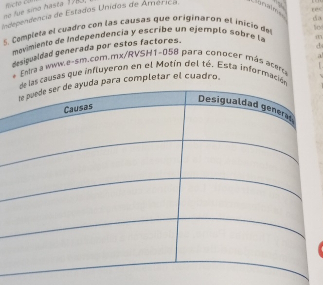 no fue sino hasta 1783, 
Independencia de Estados Unidos de América. 
ngt 
rec 
5. Completa el cuadro con las causas que originaron el inicio del 
10 
movimiento de Independencia y escribe un ejemplo søbre la 
m 
desigualdad generada por estos factores. da 
d 
a 

Entra a www.e-sm.com.mx/RVSH1-058 para conocer más acerca 
s causas que influyeron en el Motín del té. Esta información 
para completar el cuadro.