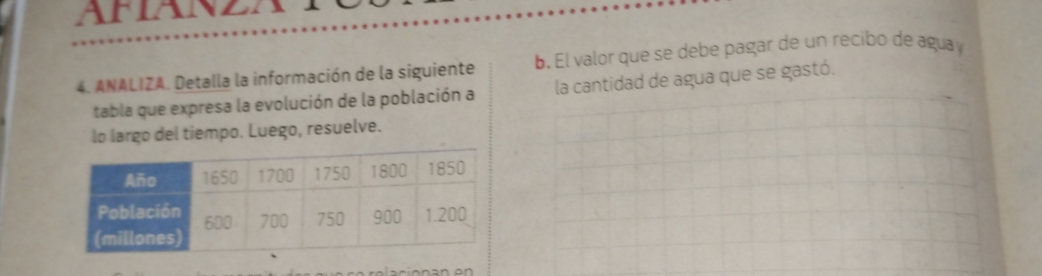 AFIANZA 
4. ANALIZA. Detalla la información de la siguiente b. El valor que se debe pagar de un recibo de agua y 
tabla que expresa la evolución de la población a la cantidad de agua que se gastó. 
lo largo del tiempo. Luego, resuelve.