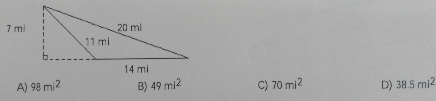 A) 98mi^2 B) 49mi^2 C) 70mi^2 D) 38.5mi^2