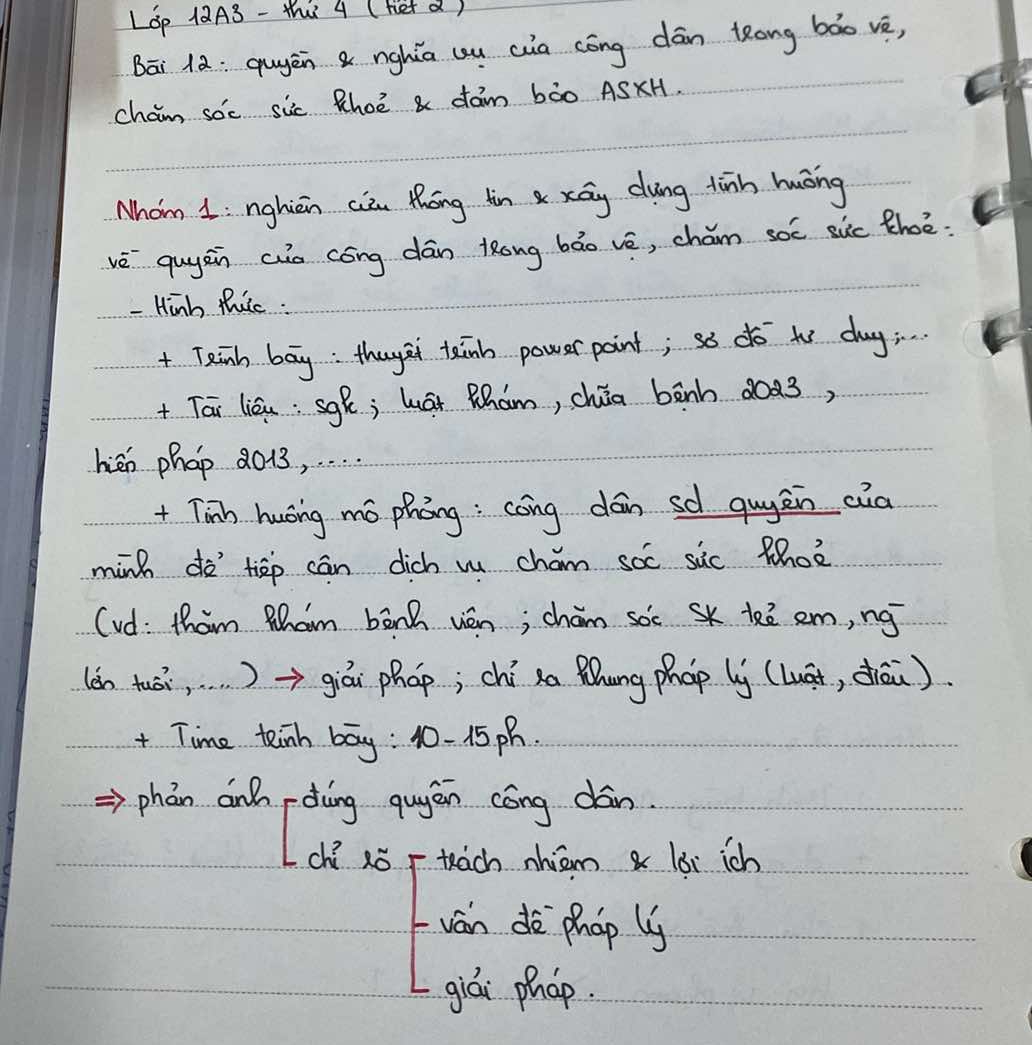 LOp 12A3- thi 4 (het a) 
Bāi 12: quyàn nghiā uu cua cōng dān long bào vè, 
cham soc sic Khot a dam bà0 ASxH. 
Mom I: nghiān cià thōng hin x xāy dung tān huōng 
vè quyān aio cóng dán long bāo vè, chám soc sic thoe 
- Hinh thire. 
+ Teinh bay : thuyzi tainh power point; so dó to day; 
+ Tai liāu: sgh; luát Kham, chia bānh doa3, 
hién phap 2013, . . 
+ Tinh huáng mó phōng: cōng dān sè quyēn ca 
minh dà tāp cān dich w cham soc sic Phoè 
(ud: tham Mlham bānh vèn; chán soc sk kē em, ngī 
(án tuāi, . . . )=>giá phap; chí xa Rhung phop ly (luāi, zhiài ) 
+ Time teinh bāy: 10-15P. 
phán anǎ-dùng quyěn cōng dán. 
ch ¢ǒ r tach nhiām lǎi ich 
ván de phap ly 
giái phop.