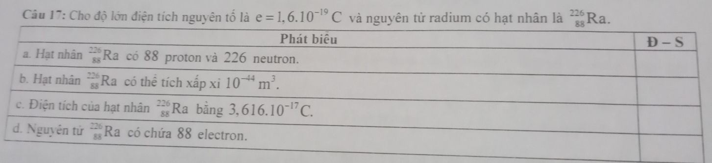 Cho độ lớn điện tích nguyên tố là e=1,6.10^(-19)C và nguyên tử radium có hạt nhân là _(88)^(226)Ra.