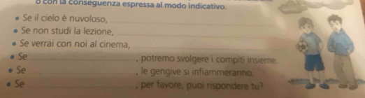 a con la conseguenza espressa al modo indicativo. 
Se il cielo è nuvoloso, 
_ 
Se non studi la lezione, 
_ 
Se verrai con noi al cinema,_ 
Se _, potremo svolgere i compiti insieme . 
Se _, le gengive si infiammeranno. 
Se_ , per favore, puoi rispondere tu?