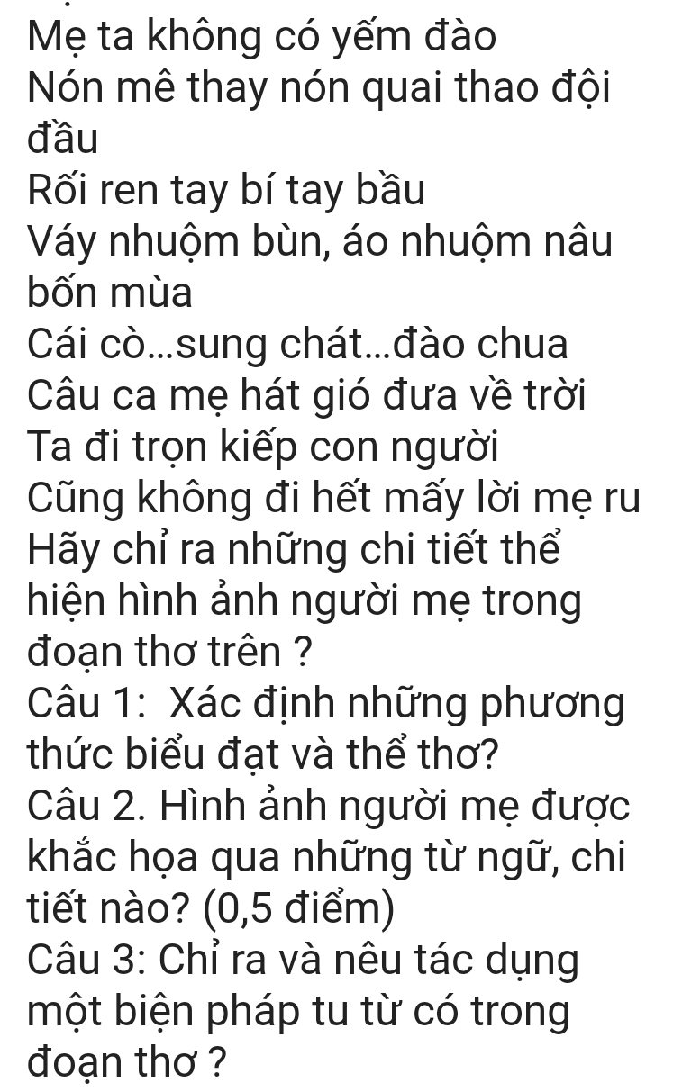 Mẹ ta không có yếm đào 
Nón mê thay nón quai thao đội 
đầu 
RKối ren tay bí tay bầu 
Váy nhuộm bùn, áo nhuộm nâu 
bốn mùa 
Cái cò...sung chát...đào chua 
Câu ca mẹ hát gió đưa về trời 
Ta đi trọn kiếp con người 
Cũng không đi hết mấy lời mẹ ru 
Hãy chỉ ra những chi tiết thể 
hiện hình ảnh người mẹ trong 
đoạn thơ trên ? 
Câu 1: Xác định những phương 
thức biểu đạt và thể thơ? 
Câu 2. Hình ảnh người mẹ được 
khắc họa qua những từ ngữ, chi 
tiết nào? (0,5 điểm) 
Câu 3: Chỉ ra và nêu tác dụng 
một biện pháp tu từ có trong 
đoạn thơ ?