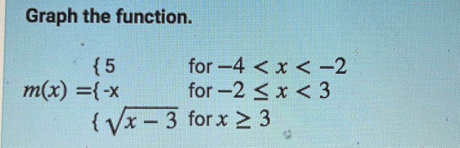 Graph the function.
m(x)=beginarrayl 5for-4 <3  sqrt(x-3)forx≥ 3endarray.