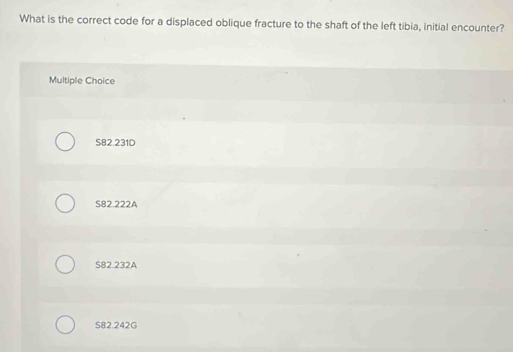 Solved: What is the correct code for a displaced oblique fracture to ...