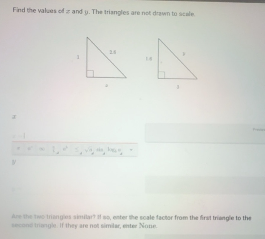 Solved: Find the values of x and y. The triangles are not drawn to ...