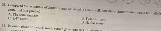 Compared to the number of chromosomes contained in a body cell, how many chromosomes would normally b
contained in a gamete?
A. The same number B. Twice as many
C. 1/4^(th) as many D. Half as many
39. In which phase of meiosis would certain gene segments of the ho