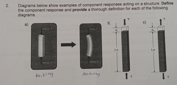 Diagrams below show examples of component responses acting on a structure. Define
the component response and provide a thorough definition for each of the following
diagrams.
a)
b
c)
Fc ce, F
Force, f Force, F