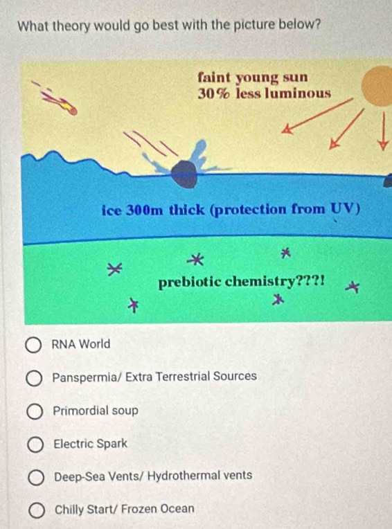 What theory would go best with the picture below?
RNA World
Panspermia/ Extra Terrestrial Sources
Primordial soup
Electric Spark
Deep-Sea Vents/ Hydrothermal vents
Chilly Start/ Frozen Ocean