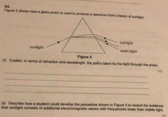 Figure 5 shows how a glass prism is used to produce a spectrum from a beam of sunlight.
red light
sunlight violet light
Figure 5
(i) Explain, in terms of refraction and wavelength, the paths taken by the light through the prism.
_
(3)
_
_
_
(ii) Describe how a student could develop the procedure shown in Figure 5 to search for evidence
that sunlight consists of additional electromagnetic waves with frequencies lower than visible light.
(2)