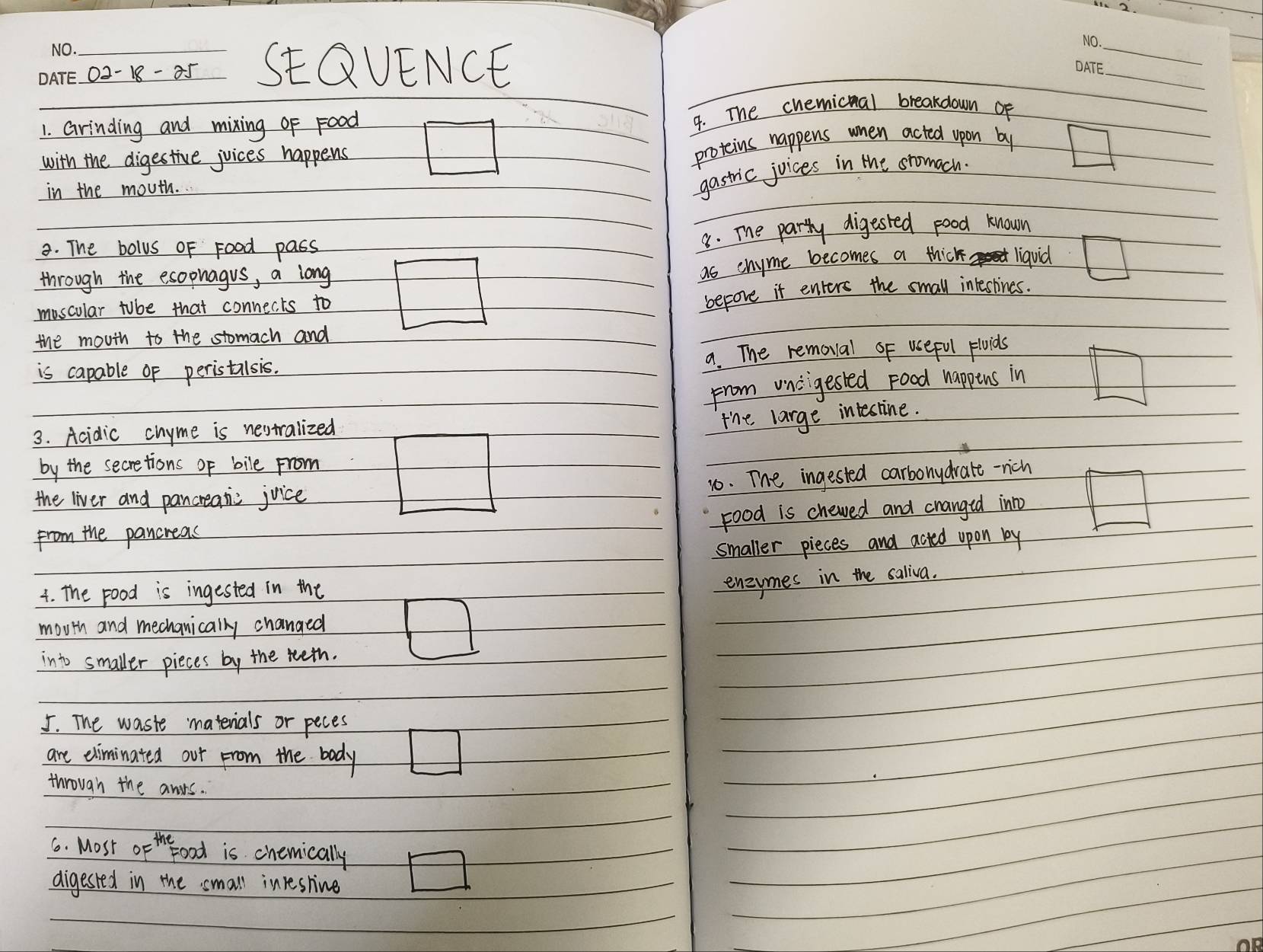 02-18- 25_ StQUENCE
_
_
1. Grinding and mixing of Food 4. The chemicmal breakdown of
with the digestive juices happens □ 
proteins happens when acted upon by
in the mouth.
gastric juices in the sromach. □ 
3. The bolus oF Food pass
8. me partly digested food known
through the esopnagus, a long
muscular tube that connects to □ as enyme becomes a thick liquid □ 
before it enters the small intestines.
the mouih to the stomach and
is capable of peristalsis. a. The removal of uceful pluids
From uncigested food happins in □
3. Acidic chyme is nextralized
the large intesline.
by the secretions of bile from □
1. The ingested carbonydrate -rich
the liver and pancreatic juice
Food is chewed and changed inno □
from the pancreas
smaller pieces and acted upon by
4. The food is ingested in the
enzymes in the saliva.
mouth and mechanically changed □
into smaller pieces by the teth.
5. The waste materials or peces
are eliminated our from the body □ 
through the ands.
6. Most of th ood is chemically □ 
digested in the small inreshine