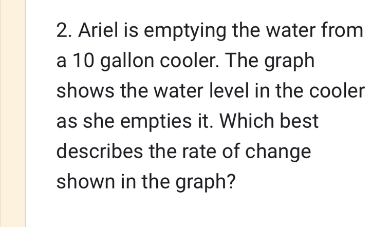Ariel is emptying the water from a 10 gallon cooler. The graph shows ...