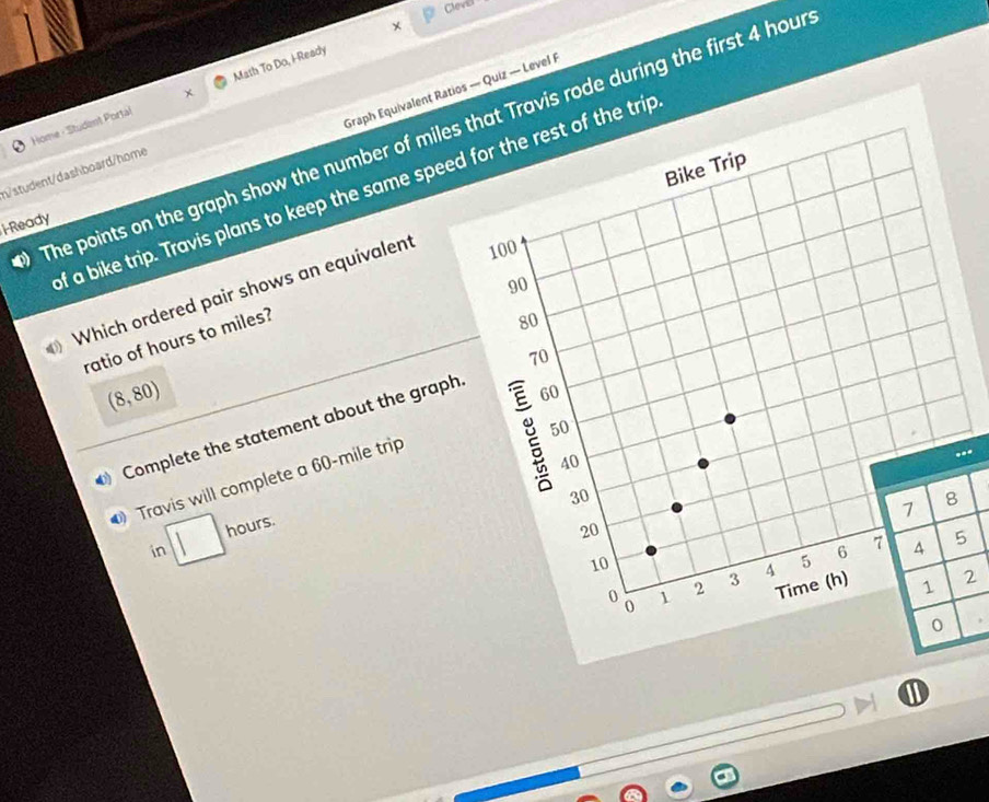 Clevier 
× 
Graph Equivalent Ratios — Quiz — Level 
Home - Student Portal Math To Do, I Ready 
) The points on the graph show the number of miles at Travis rode during the first 4 hour
n/student/dashboard/home 
of a bike trip. Travis plans to keep the same speed for the rest of the trip 
i Ready 
Which ordered pair shows an equivalent 
ratio of hours to miles?
(8,80)
Complete the statement about the graph. 
Travis will complete a 60-mile trip 
in □ hours.