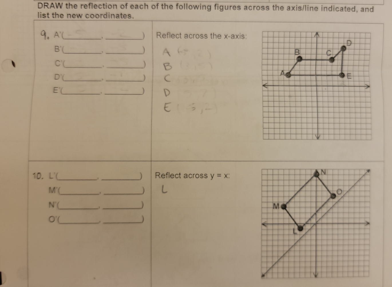 DRAW the reflection of each of the following figures across the axis/line indicated, and 
list the new coordinates.
A' _ _Reflect across the x-axis: 
)
B'
__, 
)
C'(
__, 
)
D'
__, 
)
E'
__, 
) 
10， | '(_ _) Reflect across y=x
_
M'
_)
N'
_1_ 
) 
_
O'
_)