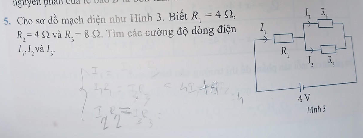 nguyễn phân của tế bào 
5. Cho sơ đồ mạch điện như Hình 3. Biết R_1=4Omega ,
R_2=4Omega và R_3=8Omega.. Tìm các cường độ dòng điện
I_1,I_2 và I_3.